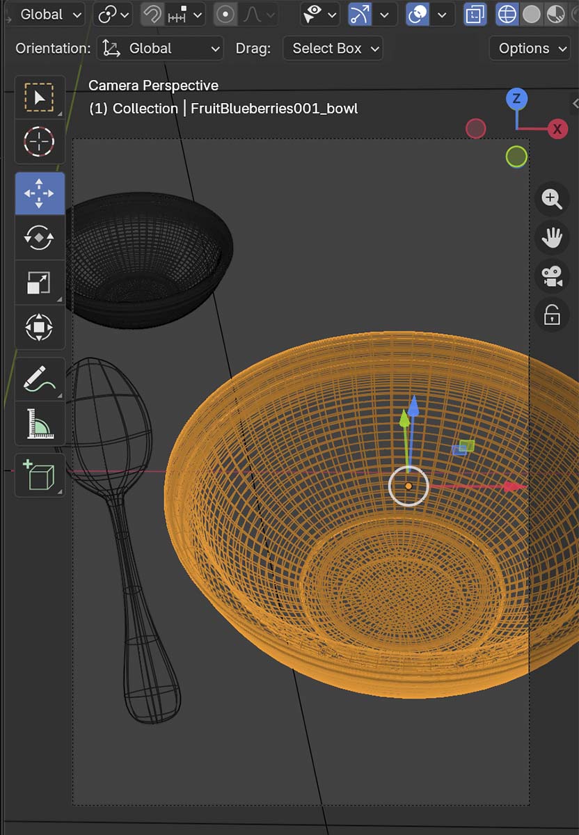 Blender viewport: camera perspective on a minimal scene with bowl, small bowl and spoon