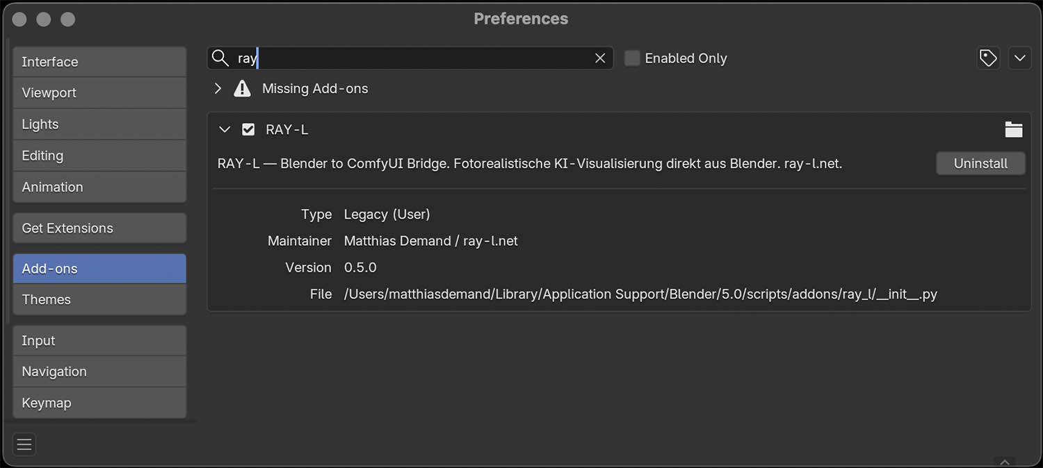Blender Preferences — Add-ons — Install from ZIP