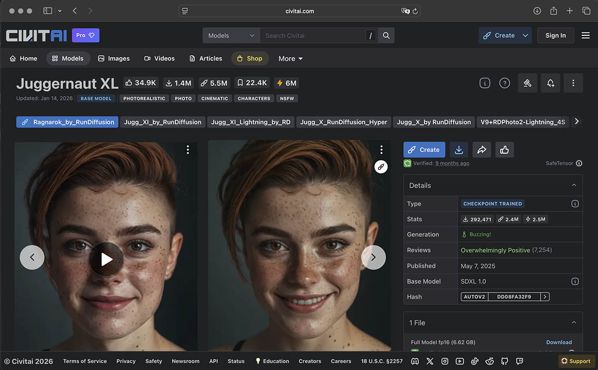 Civitai download page for Juggernaut XL Ragnarok